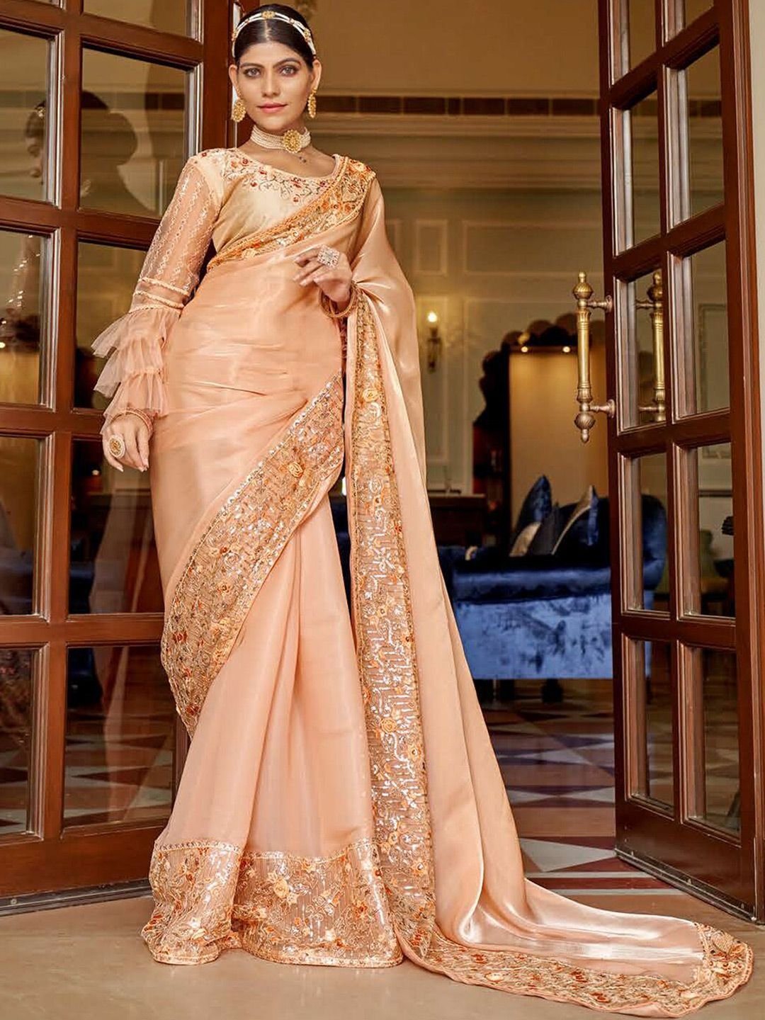 Peach-Coloured Embellished Embroidered Organza Saree - Image 2