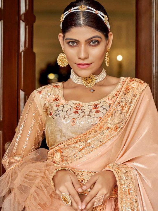 Peach-Coloured Embellished Embroidered Organza Saree - Image 3