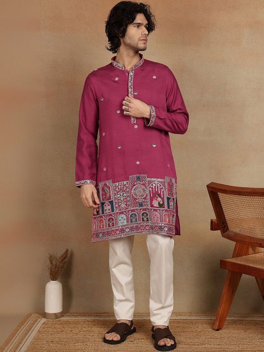 Embroidered Mandarin Collar Knee Length Straight Kurta - Image 2