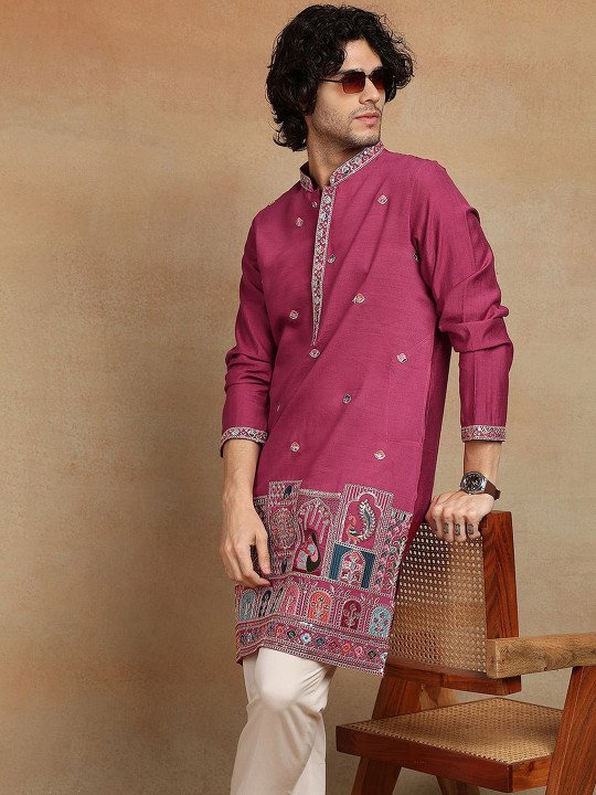 Embroidered Mandarin Collar Knee Length Straight Kurta - Image 4