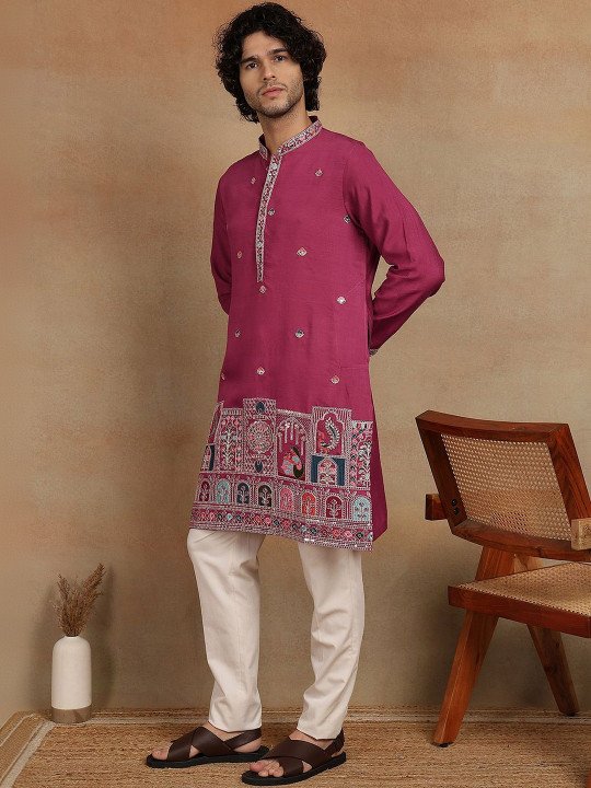 Embroidered Mandarin Collar Knee Length Straight Kurta - Image 7