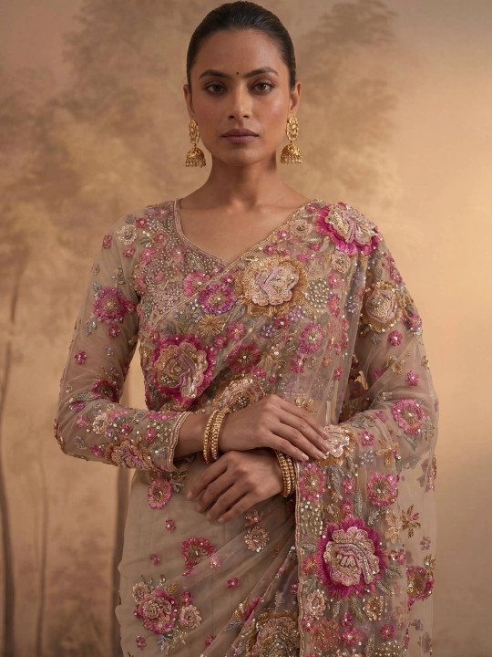Embroidered Net Designer Saree - Image 3