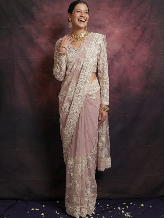 Embroidered Net Mysore Silk Saree