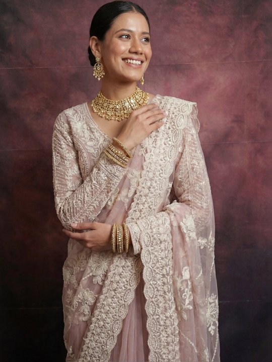 Embroidered Net Mysore Silk Saree - Image 4