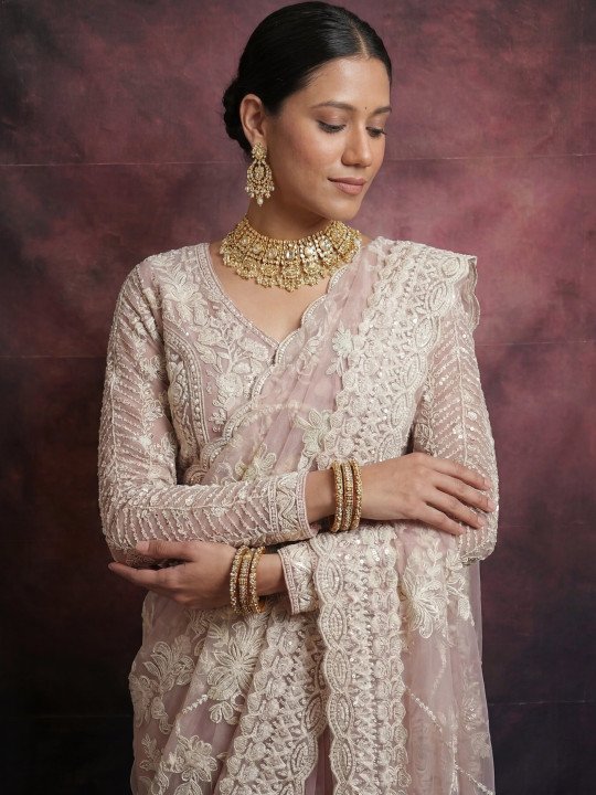 Embroidered Net Mysore Silk Saree - Image 5