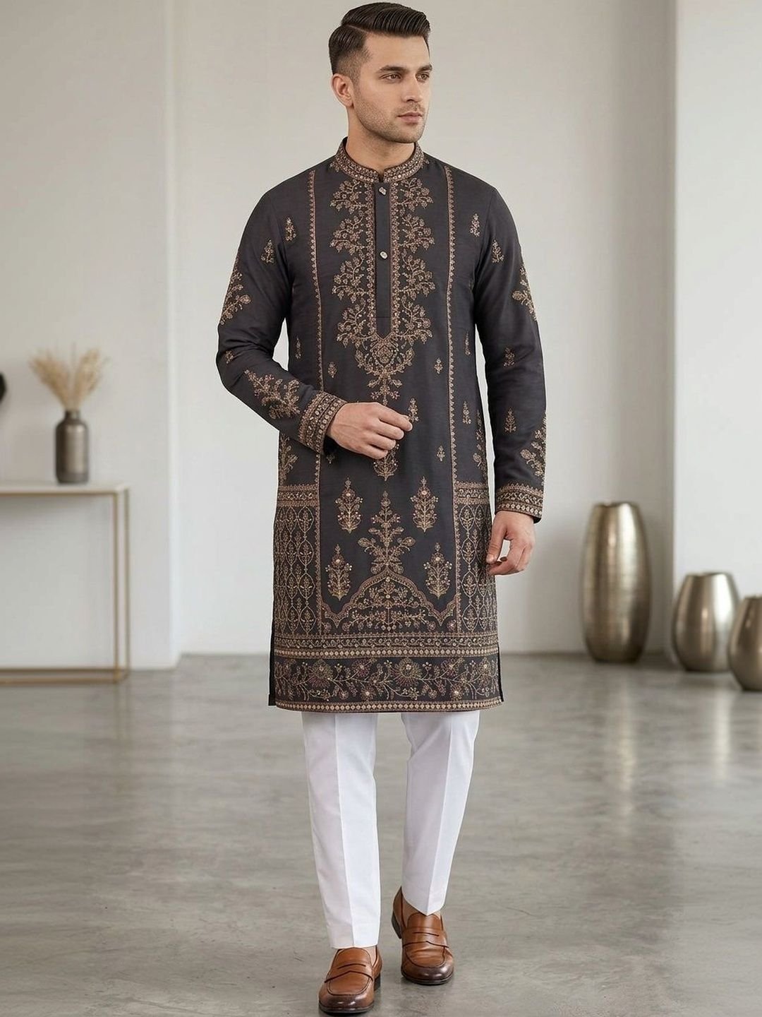 Bandidhari Fashion Bandidhari Fashion Men Black Geometric Embroidered Luxury Festive Kurtas