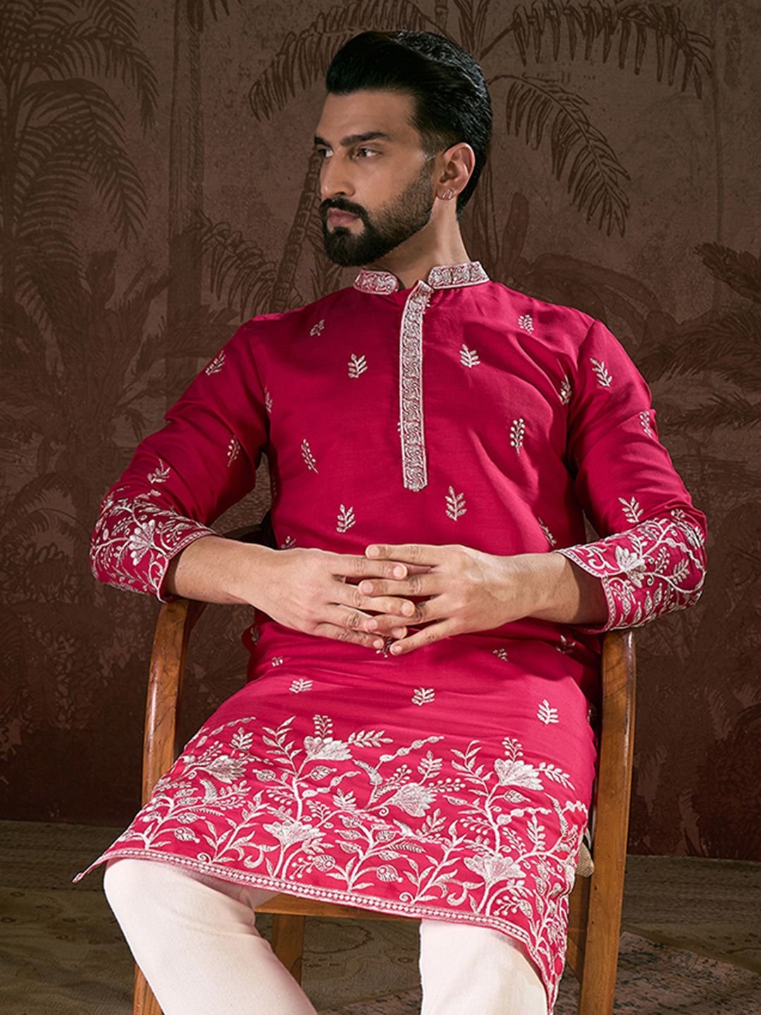 House of Pataudi Embroidered Mandarin Collar Calf Length Straight Kurtas