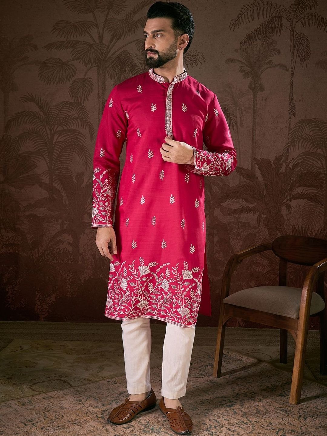 House of Pataudi Embroidered Mandarin Collar Calf Length Straight Kurtas - Image 2