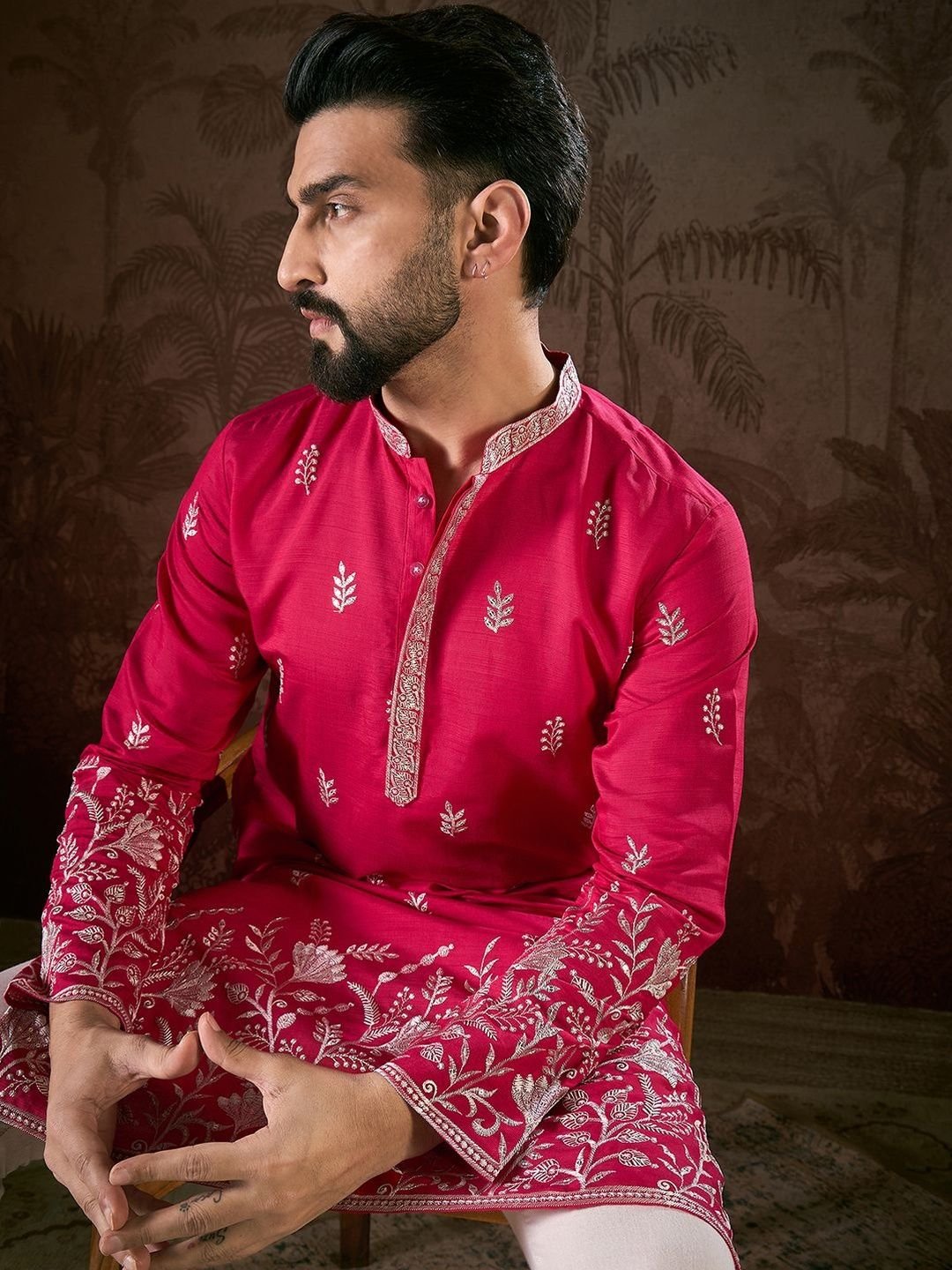 House of Pataudi Embroidered Mandarin Collar Calf Length Straight Kurtas - Image 3