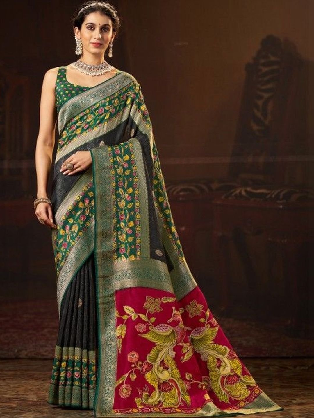 Garden Vareli Ethnic Motifs Zari Heavy Work Saree