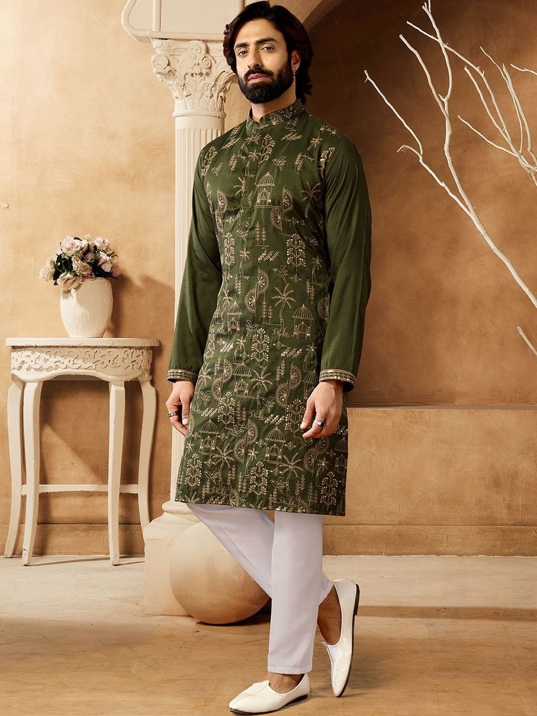 House of Pataudi Embroidered Cotton Mandarin Collar Calf Length Straight Kurtas