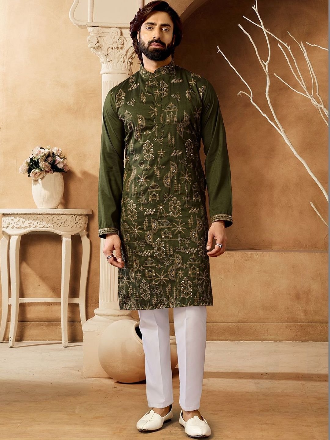 House of Pataudi Embroidered Cotton Mandarin Collar Calf Length Straight Kurtas - Image 3