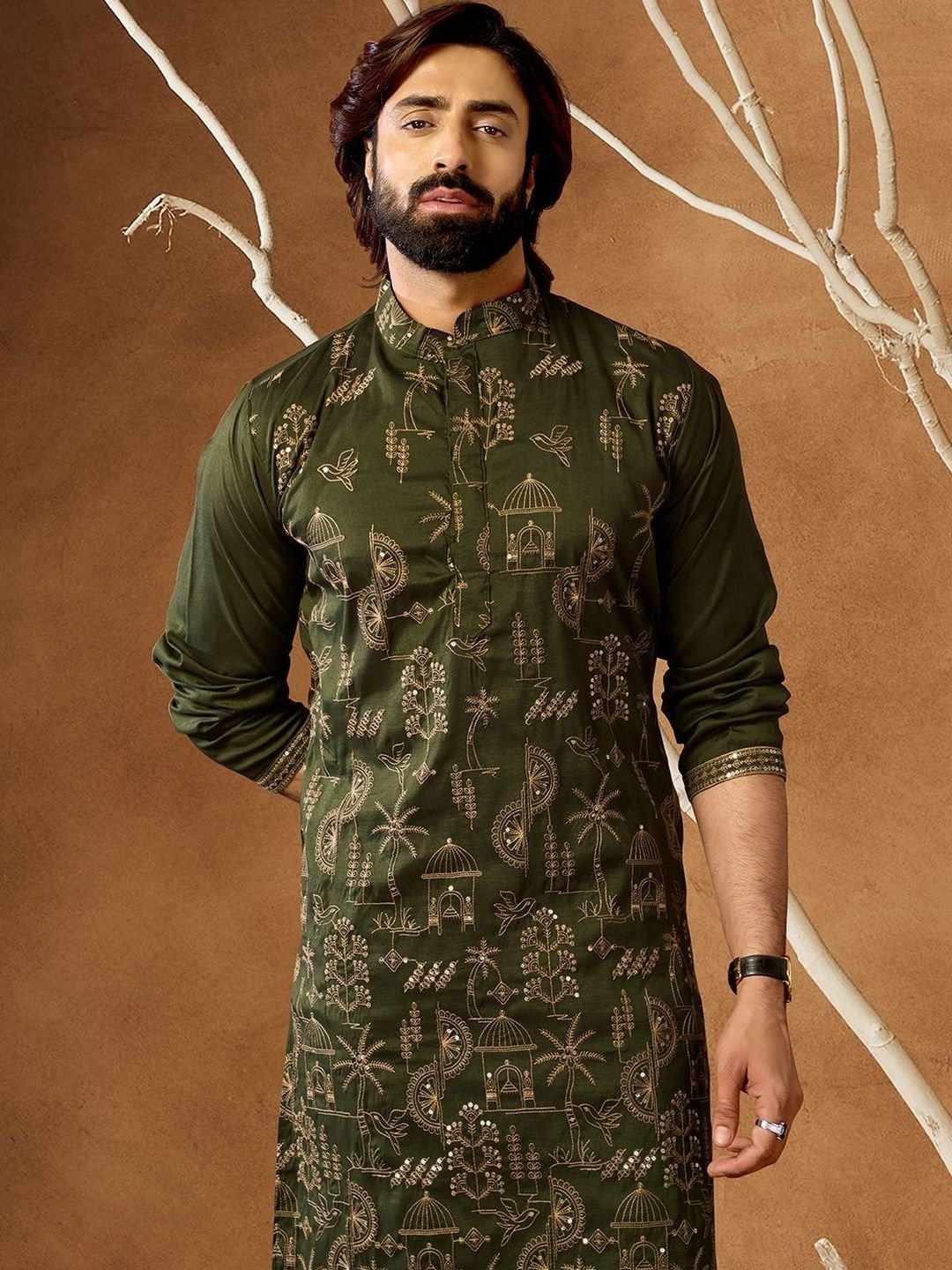 House of Pataudi Embroidered Cotton Mandarin Collar Calf Length Straight Kurtas - Image 4