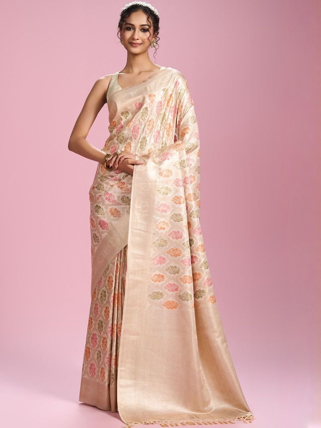 MOHEY Ethnic Motifs Woven Design Zari Saree With Blouse Piece