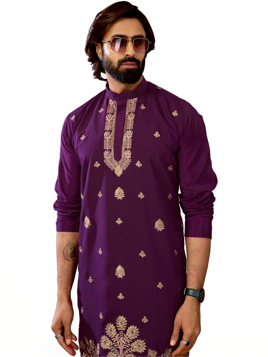 House of Pataudi Embroidered Cotton Mandarin Collar Knee Length Straight Kurta - Image 2