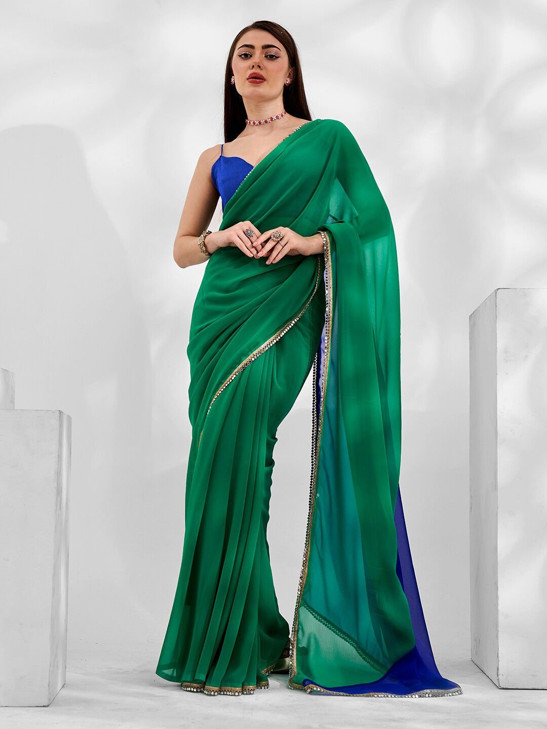 Mitera Green Colourblocked Pure Georgette Designer Saree