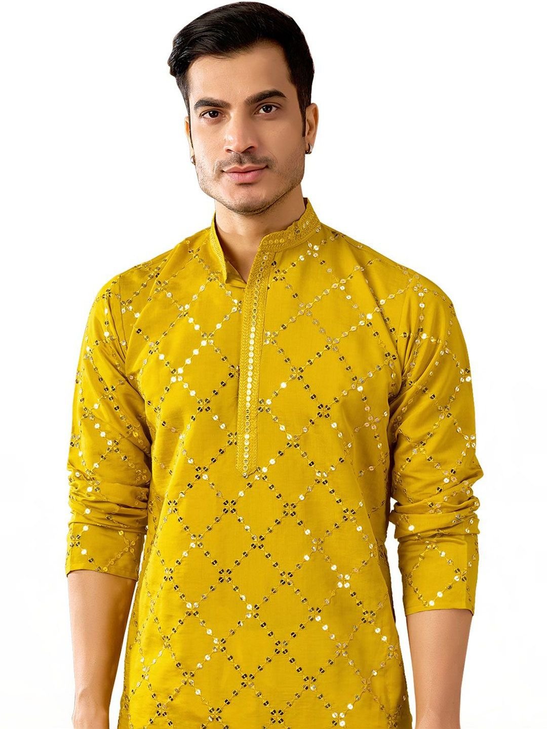 House of Pataudi Embroidered Cotton Mandarin Collar Knee Length Straight Kurta - Image 2