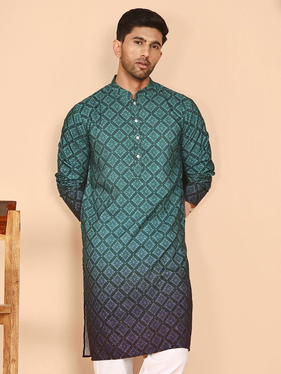 Jompers Men Ethnic Motifs Printed Ombre Chikankari Kurta