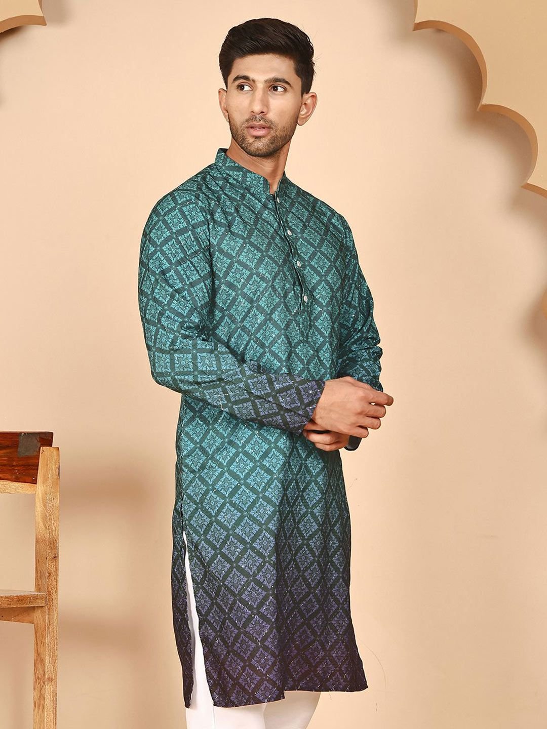 Jompers Men Ethnic Motifs Printed Ombre Chikankari Kurta - Image 3