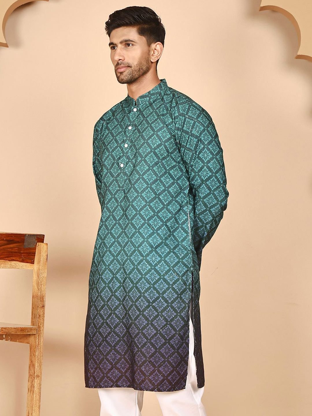Jompers Men Ethnic Motifs Printed Ombre Chikankari Kurta - Image 4