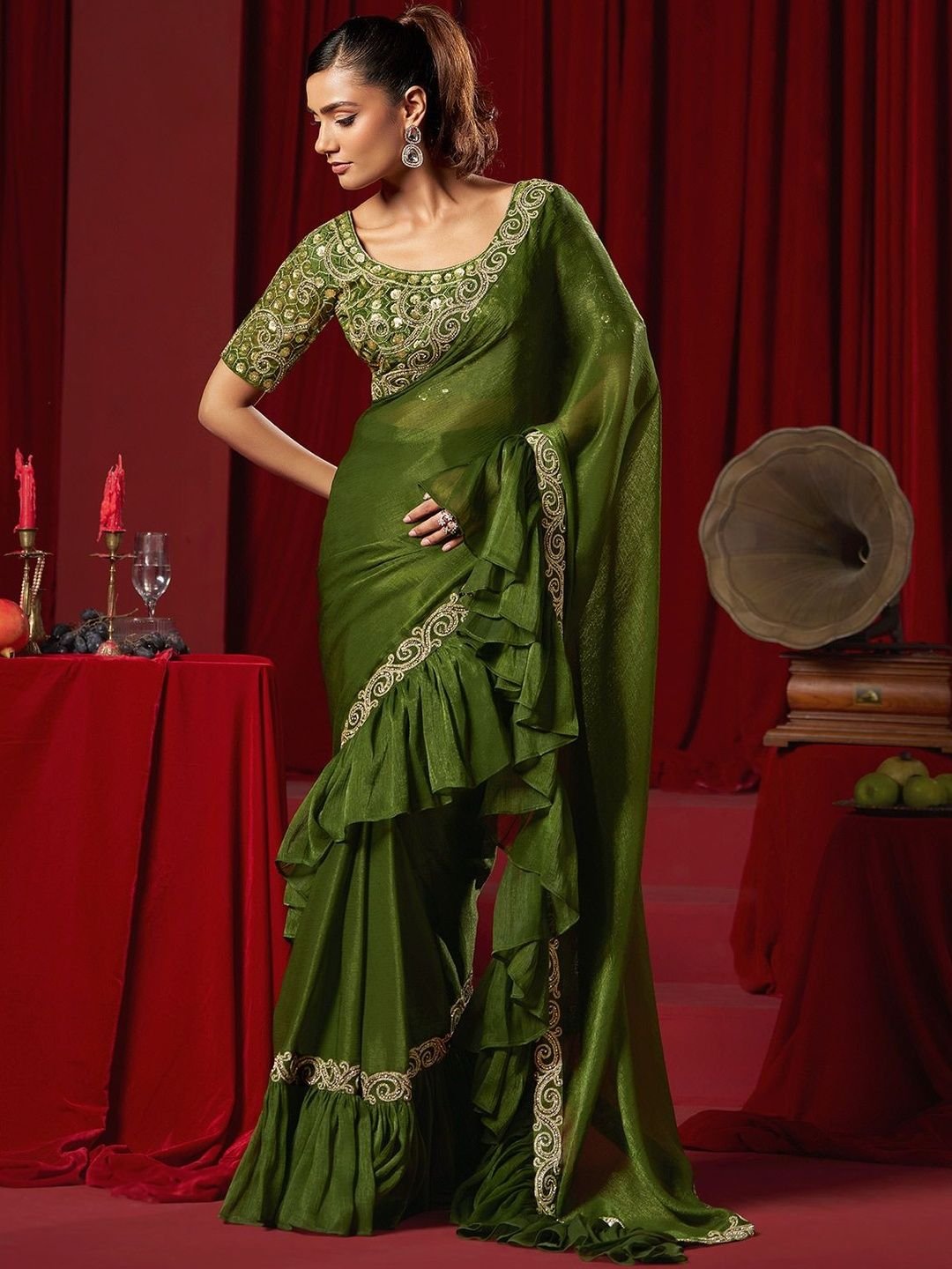 Laxmipati Green Ready-to-Wear Embroidered Georgette Saree