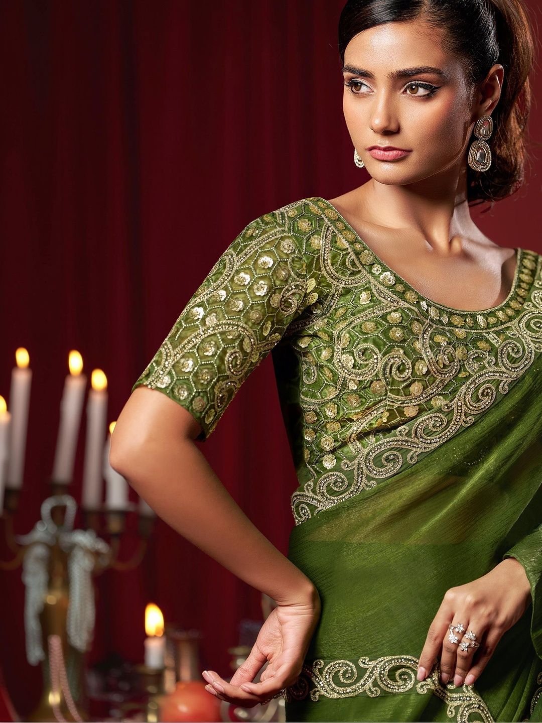 Laxmipati Green Ready-to-Wear Embroidered Georgette Saree - Image 3
