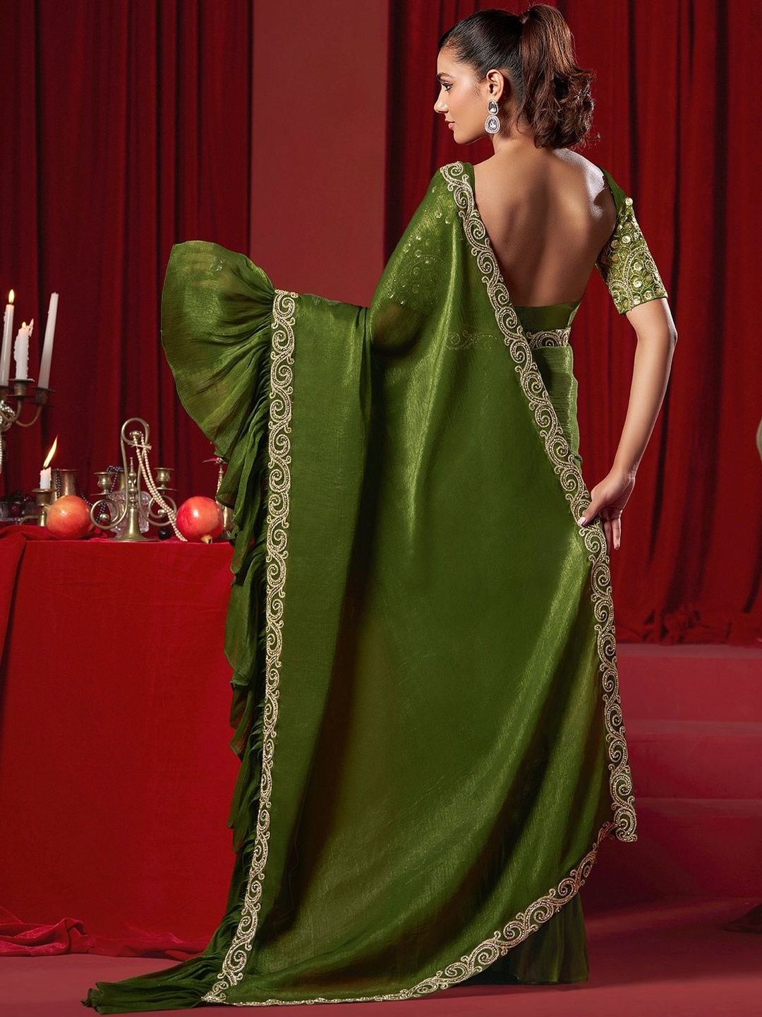 Laxmipati Green Ready-to-Wear Embroidered Georgette Saree - Image 4