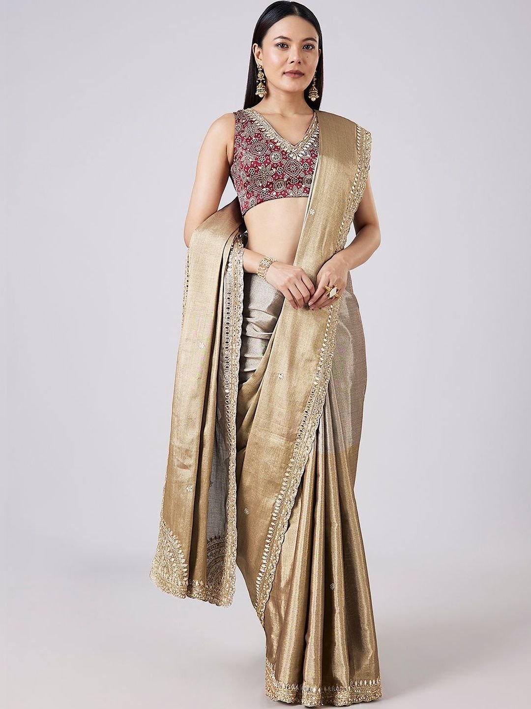 KALKI Fashion Embellished Mirror Work Tissue Heavy Work Saree