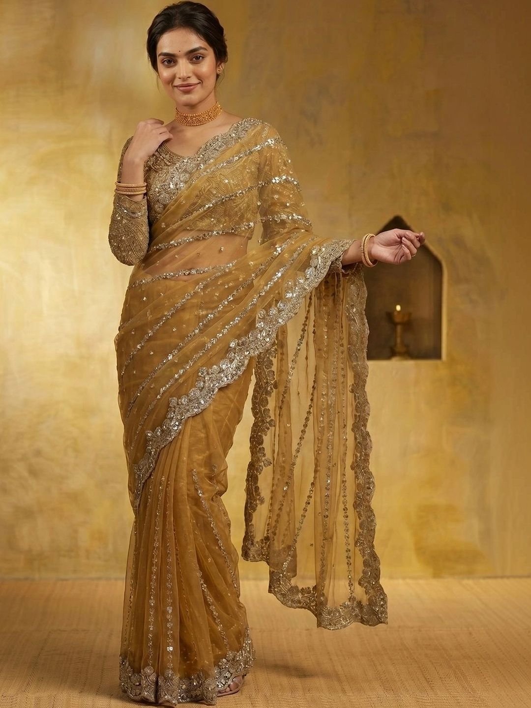THE THIRD LABEL Ethnic Motifs Embroidered Net Designer Saree
