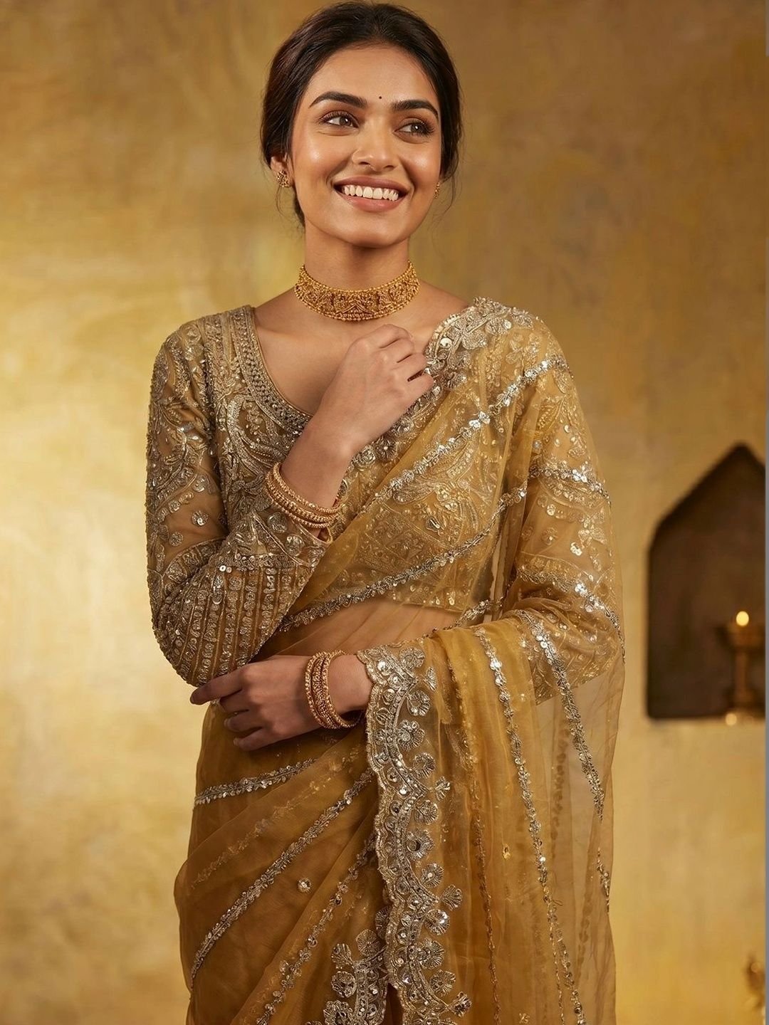 THE THIRD LABEL Ethnic Motifs Embroidered Net Designer Saree - Image 2