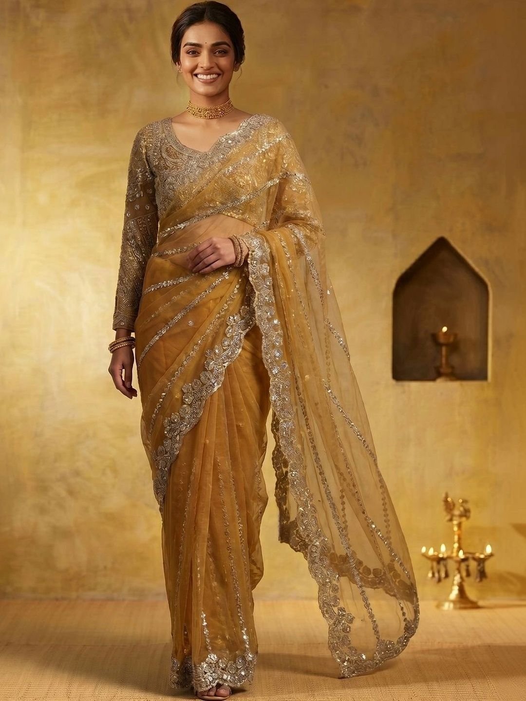 THE THIRD LABEL Ethnic Motifs Embroidered Net Designer Saree - Image 3