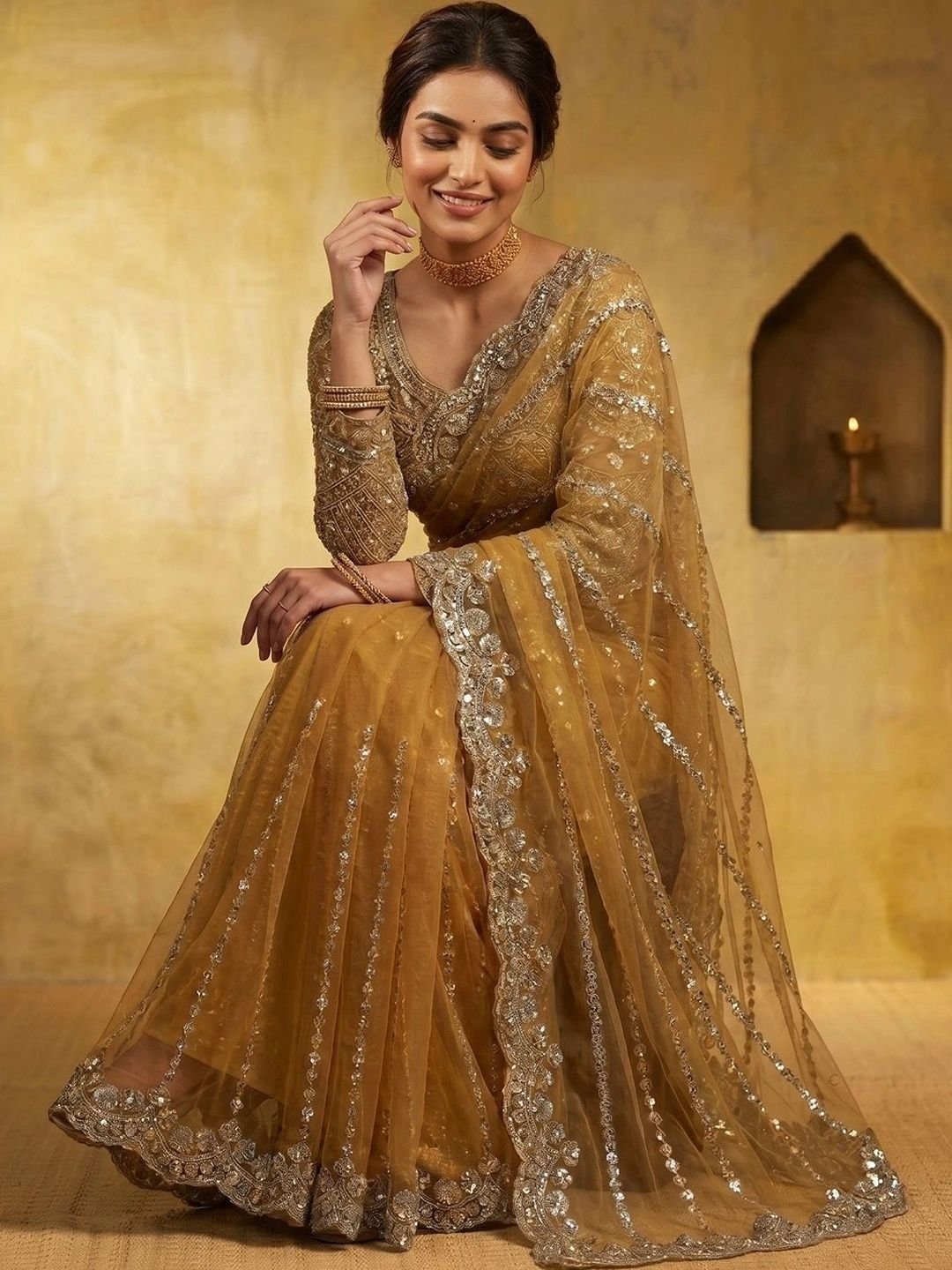 THE THIRD LABEL Ethnic Motifs Embroidered Net Designer Saree - Image 4