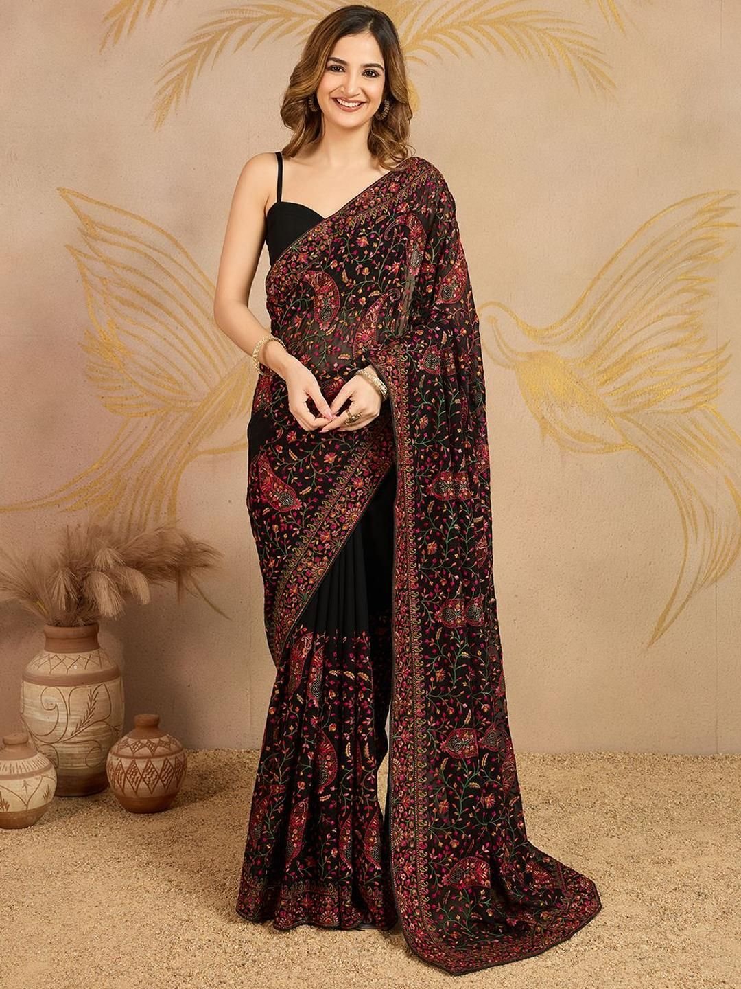 Trendmalls Ethnic Motifs Embroidered Beads and Stones Pure Georgette Saree