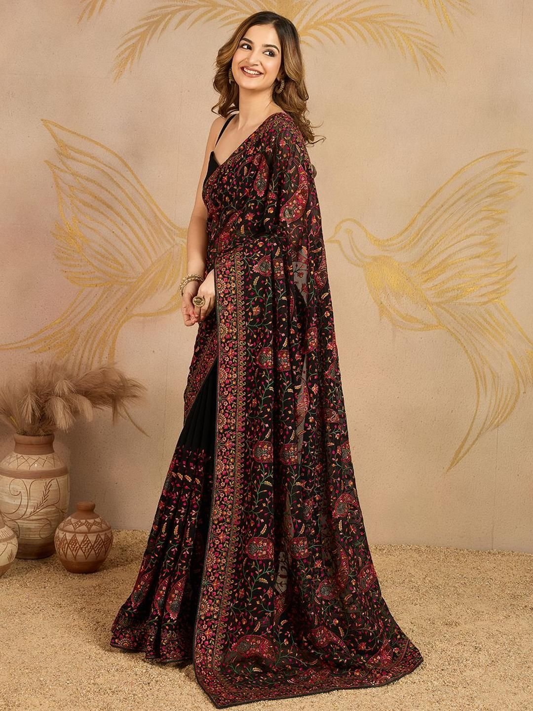 Trendmalls Ethnic Motifs Embroidered Beads and Stones Pure Georgette Saree - Image 3