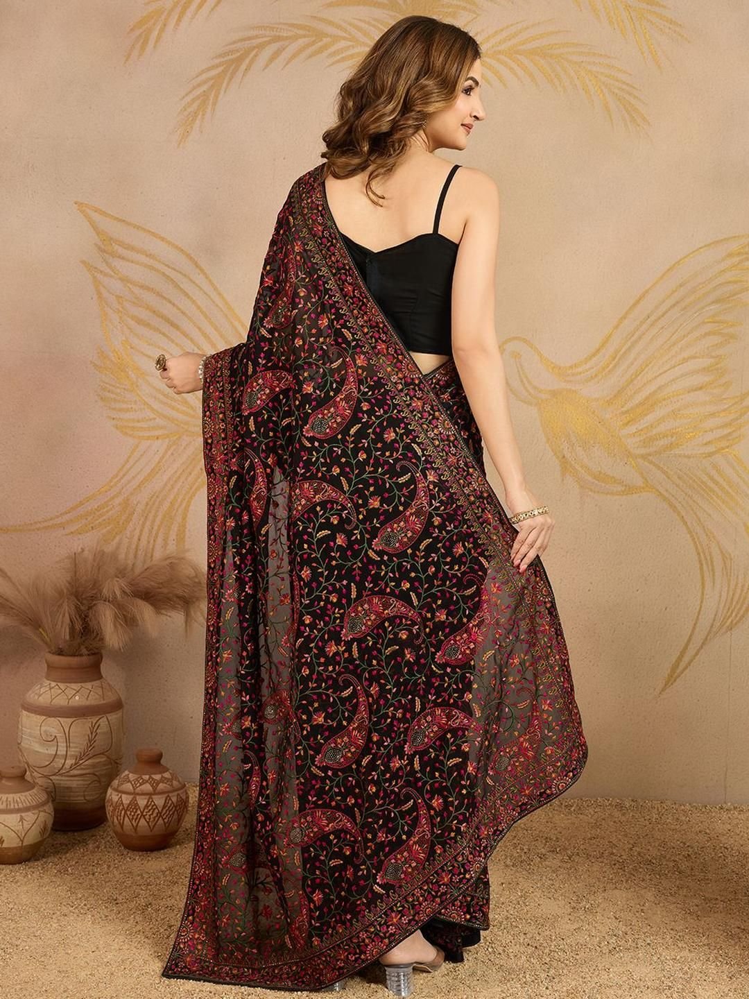 Trendmalls Ethnic Motifs Embroidered Beads and Stones Pure Georgette Saree - Image 4