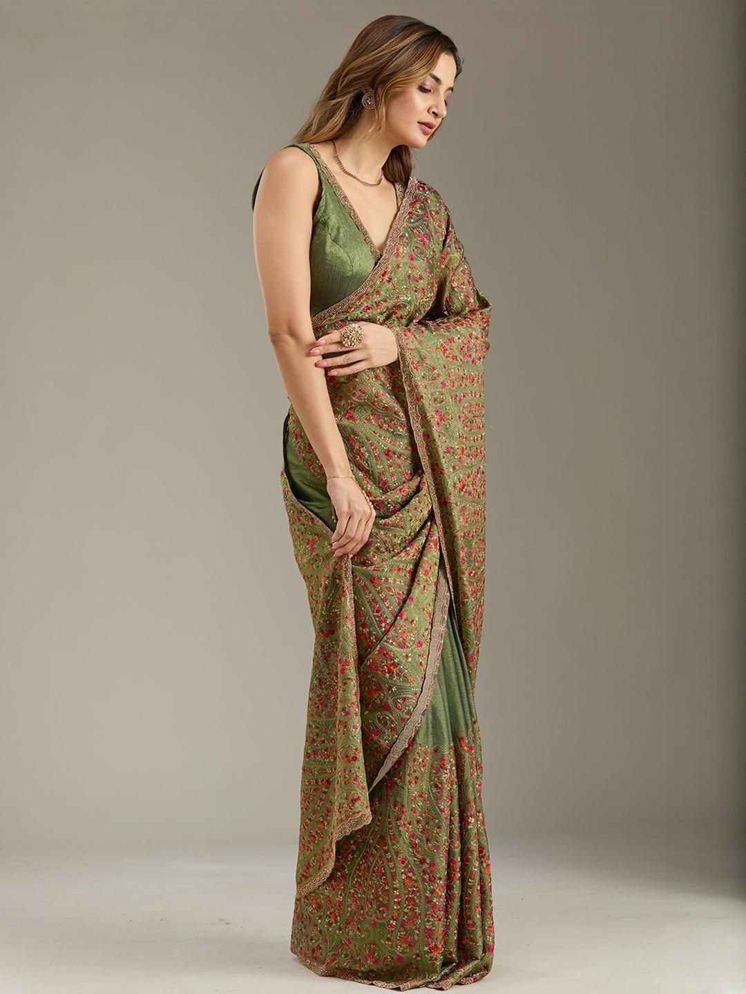 Koskii Women Kashmiri Green Tissue Saree With Unstitched Blouse - Image 2