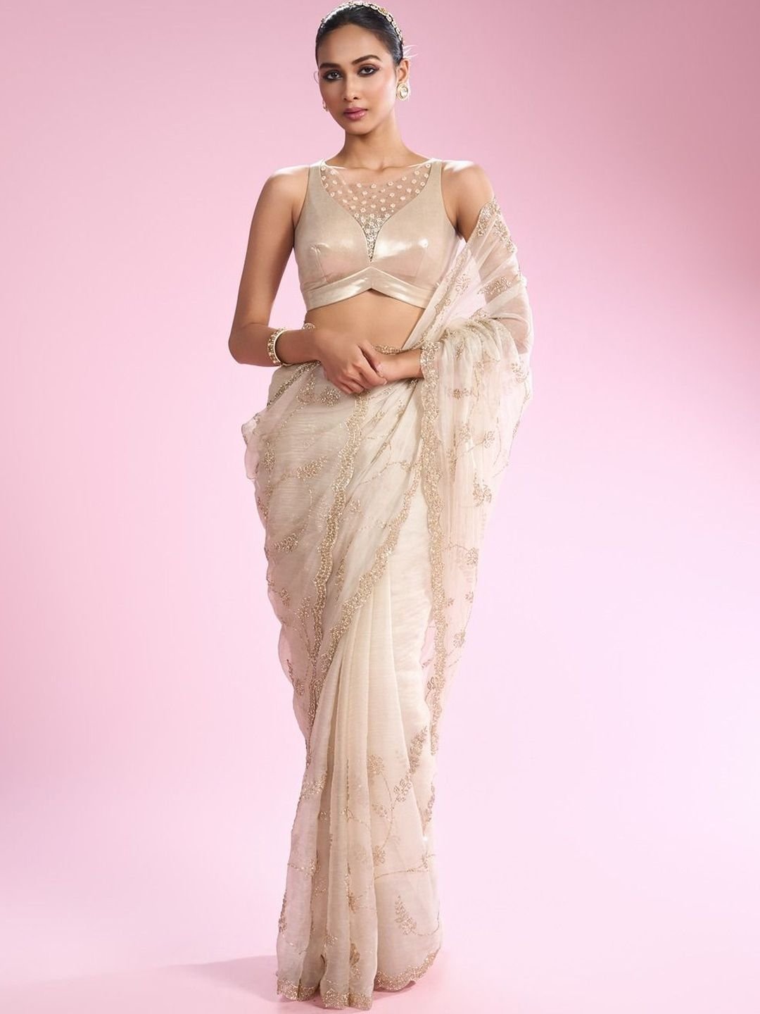 Embellished Beads and Stones Organza Heavy Work Saree