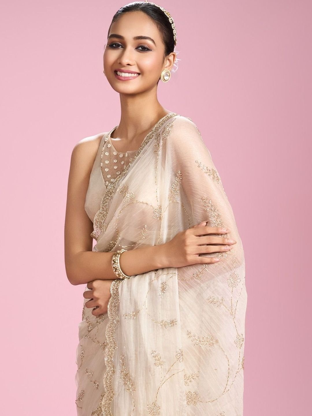 Embellished Beads and Stones Organza Heavy Work Saree - Image 2