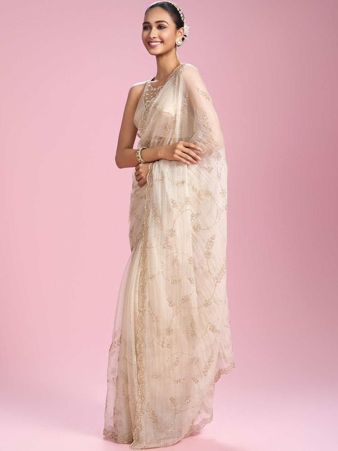 Embellished Beads and Stones Organza Heavy Work Saree - Image 3