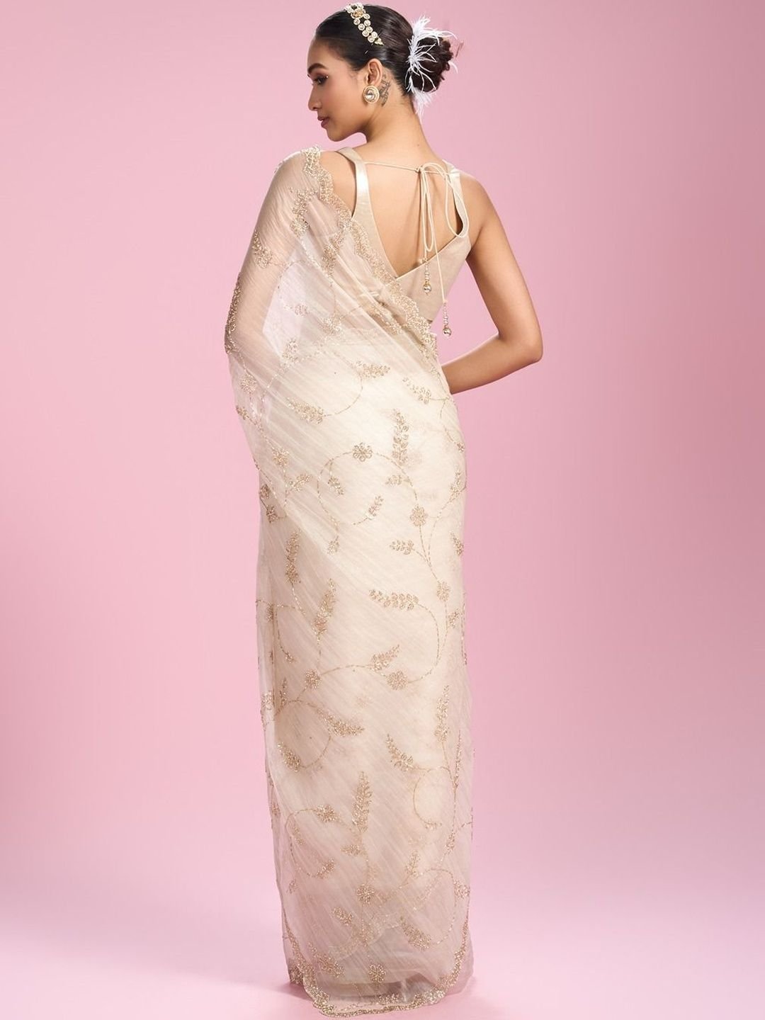 Embellished Beads and Stones Organza Heavy Work Saree - Image 4