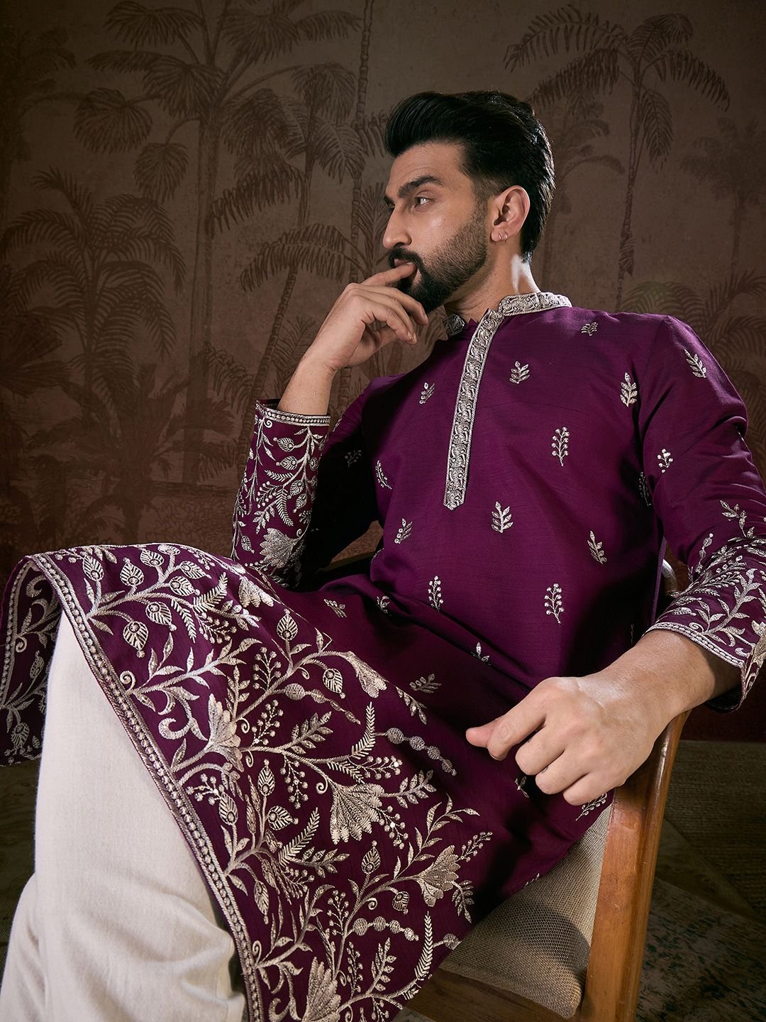 House of Pataudi Embroidered Mandarin Collar Calf Length Straight Kurtas - Image 2