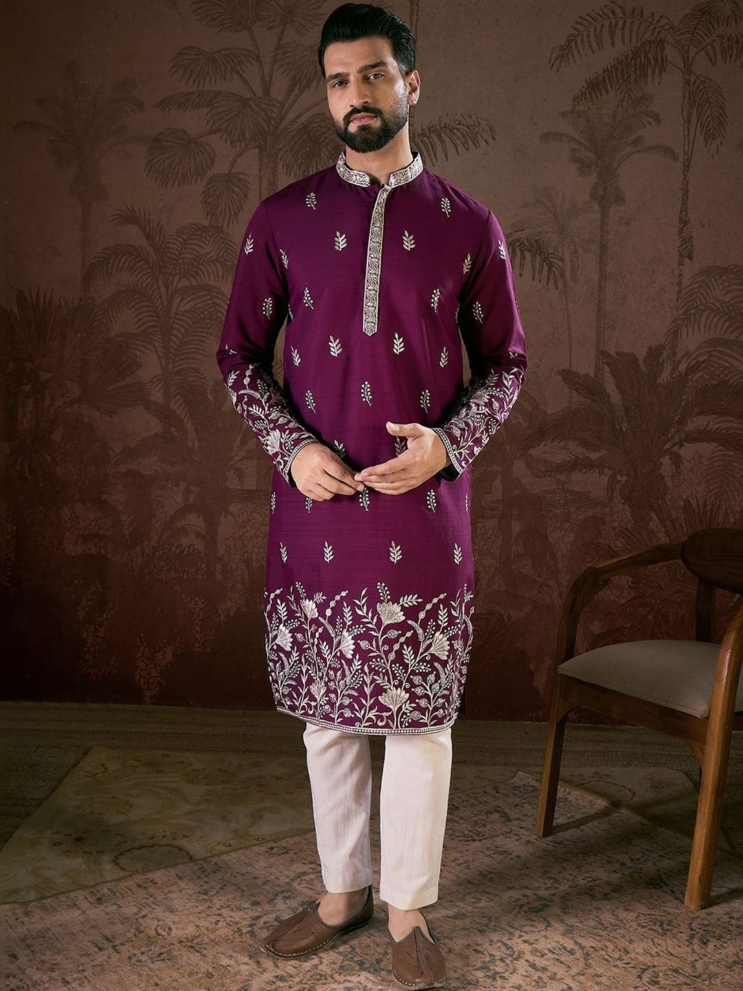 House of Pataudi Embroidered Mandarin Collar Calf Length Straight Kurtas