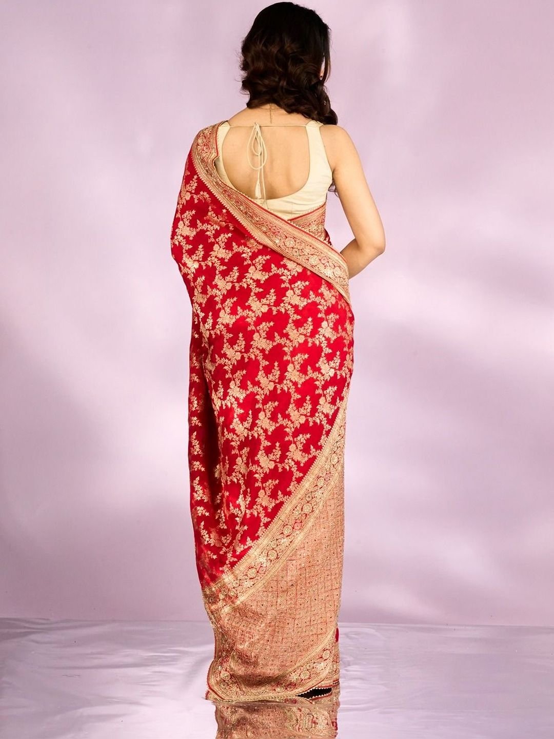 Floral Embroidered Art Silk Heavy Work Saree - Image 4