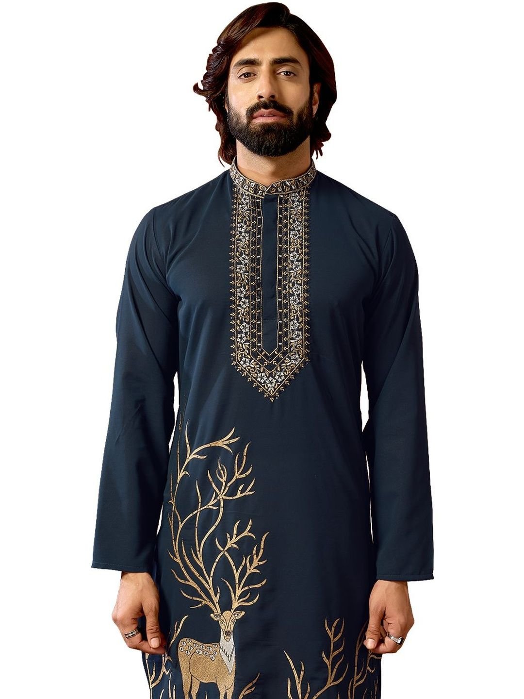 House of Pataudi Embroidered Cotton Mandarin Collar Knee Length Straight Kurta - Image 3