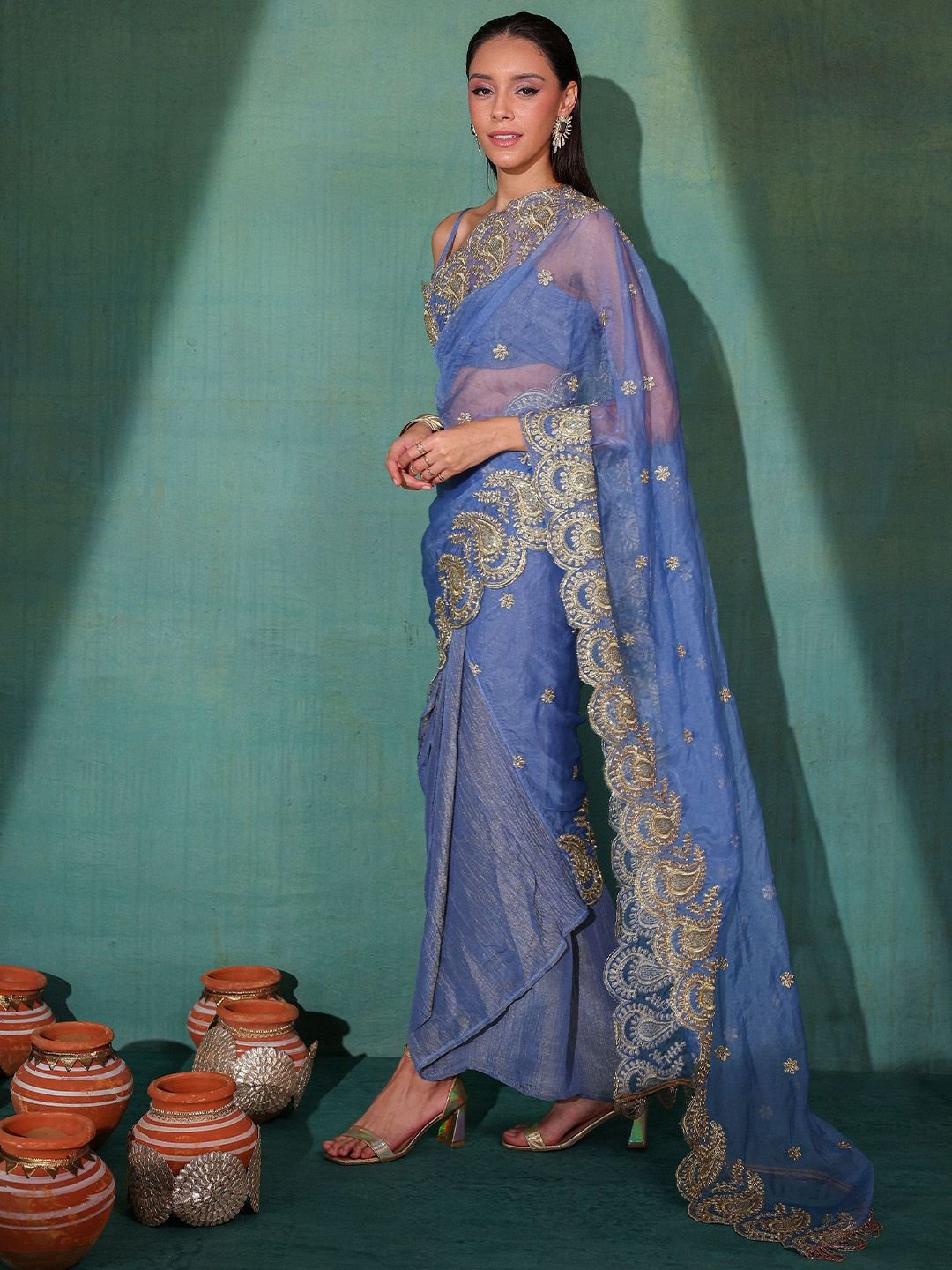 Floral Embroidered Tissue Saree - Image 2