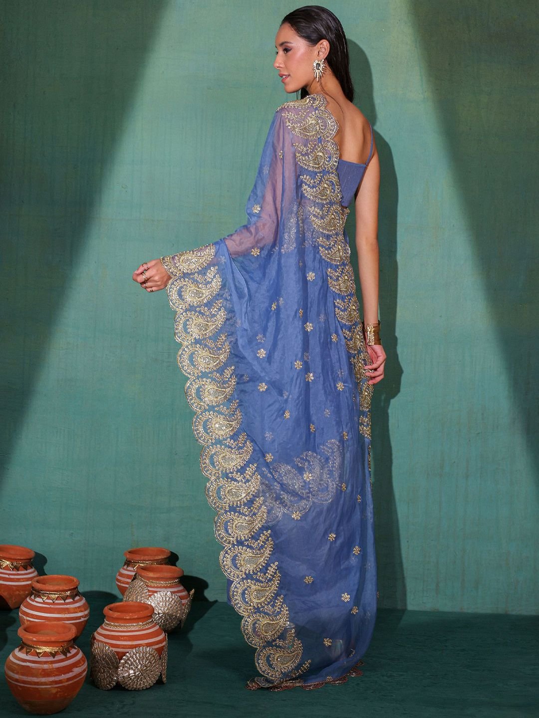 Floral Embroidered Tissue Saree - Image 3