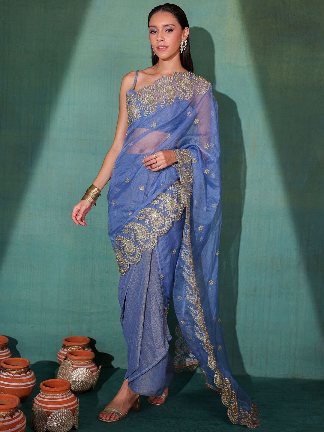 Floral Embroidered Tissue Saree - Image 4