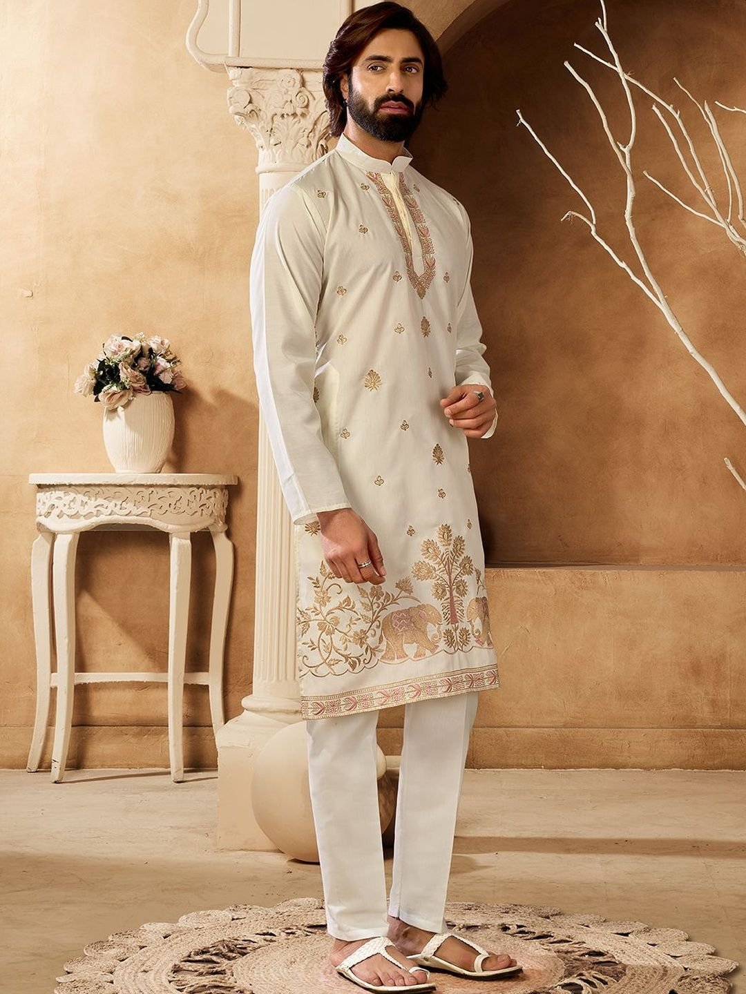 House of Pataudi Embroidered Cotton Mandarin Collar Knee Length Straight Kurtas