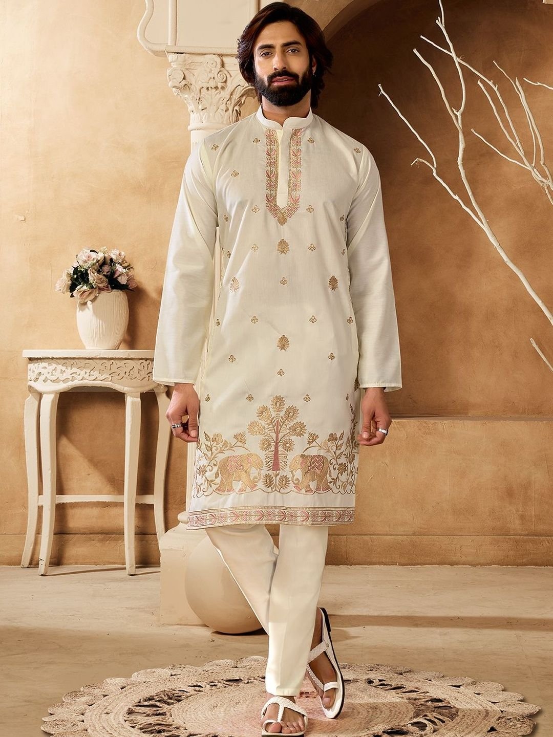 House of Pataudi Embroidered Cotton Mandarin Collar Knee Length Straight Kurtas - Image 3