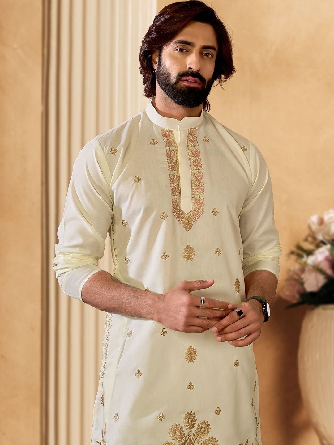 House of Pataudi Embroidered Cotton Mandarin Collar Knee Length Straight Kurtas - Image 4